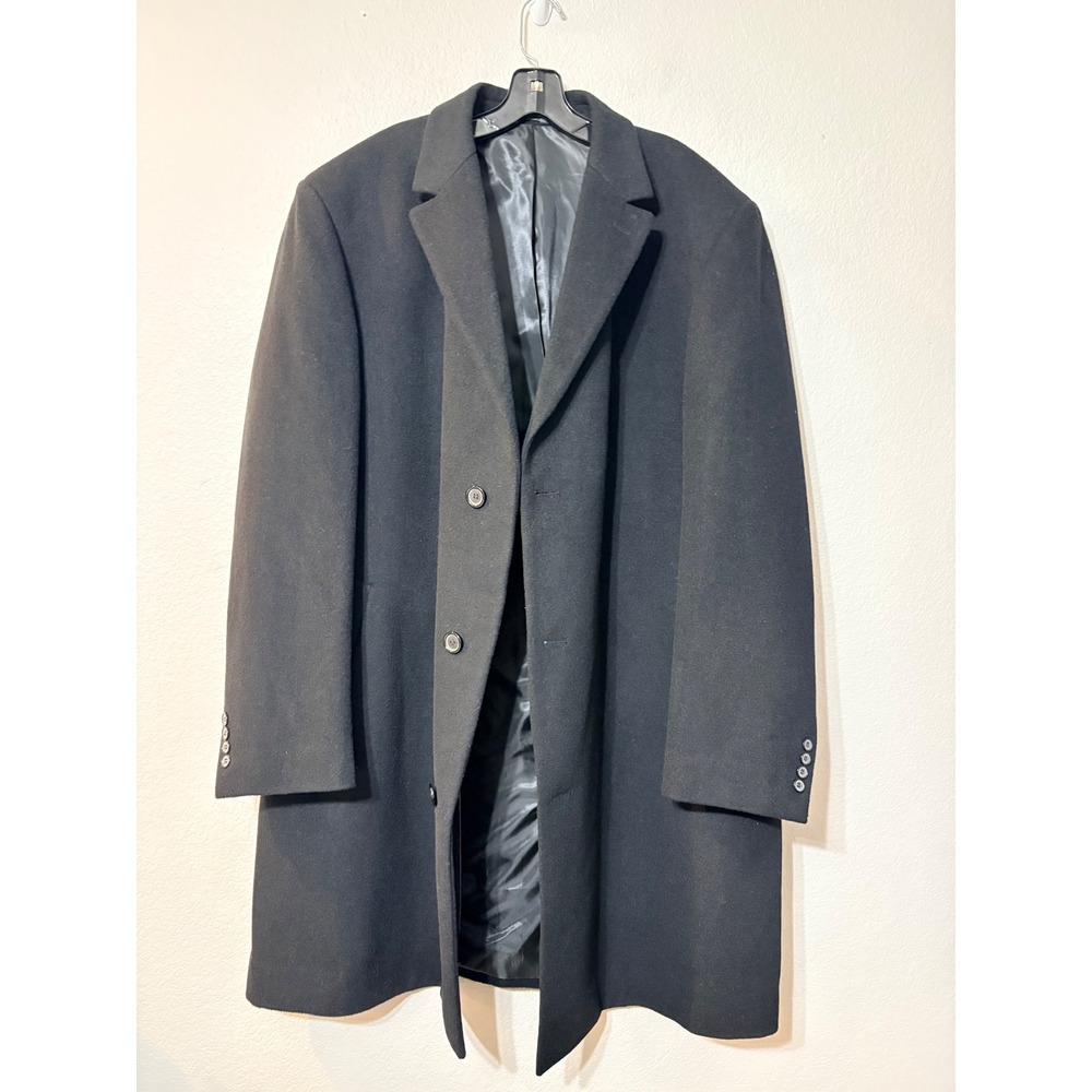 Chaps Mens Black Wool Blend Overcoat Top Coat Size 48L Long Heavyweight Jacket